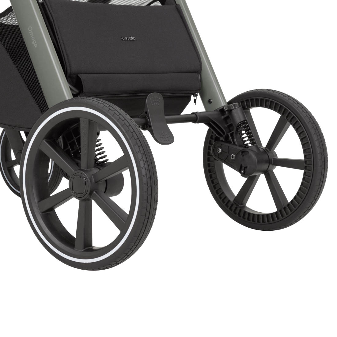 Универсальная коляска Omega 2 в 1 Deluxe 2025 ANIM Задняя ось шасси оборудована регулируемой двухступенчатой амортизацией.